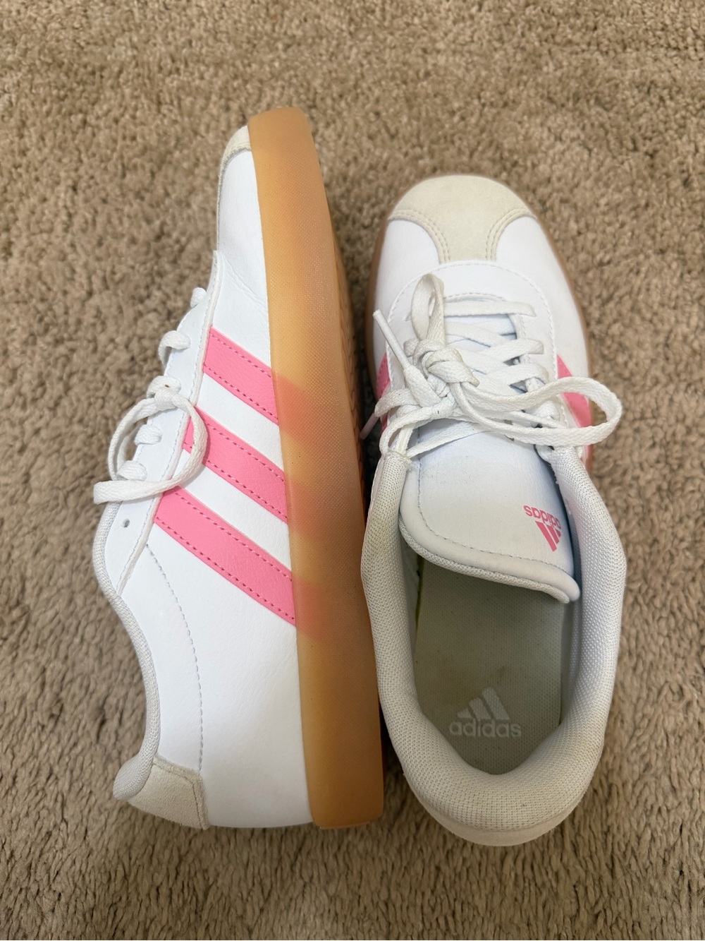 adidas White Sneakers with Pink Stripes and Gum Sole